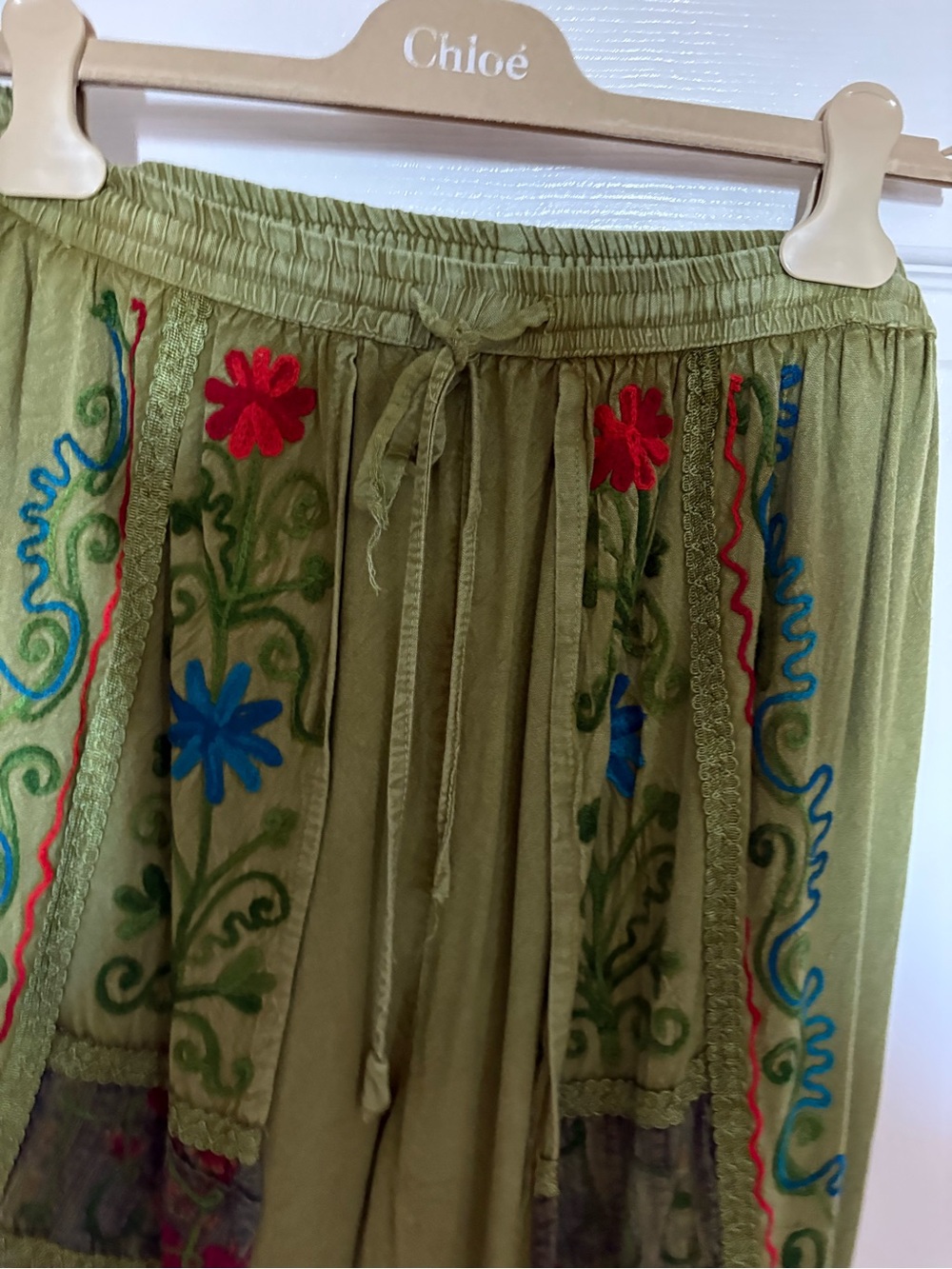 Olive Green Wide-Leg Embroidered Women's Pants - Picture 5 of 11